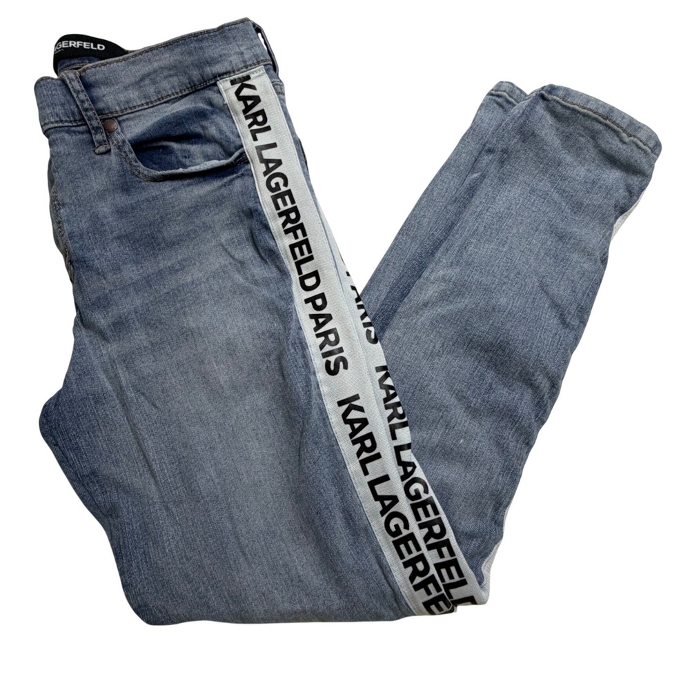Karl Lagerfeld Paris Womens Logo Tape Side Stripe Skinny Jeans Med Wash Size 8